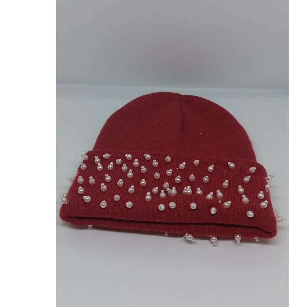 Red Burgundy Faux Pearl Hand Beaded Knit Cuffed Beanie Hat